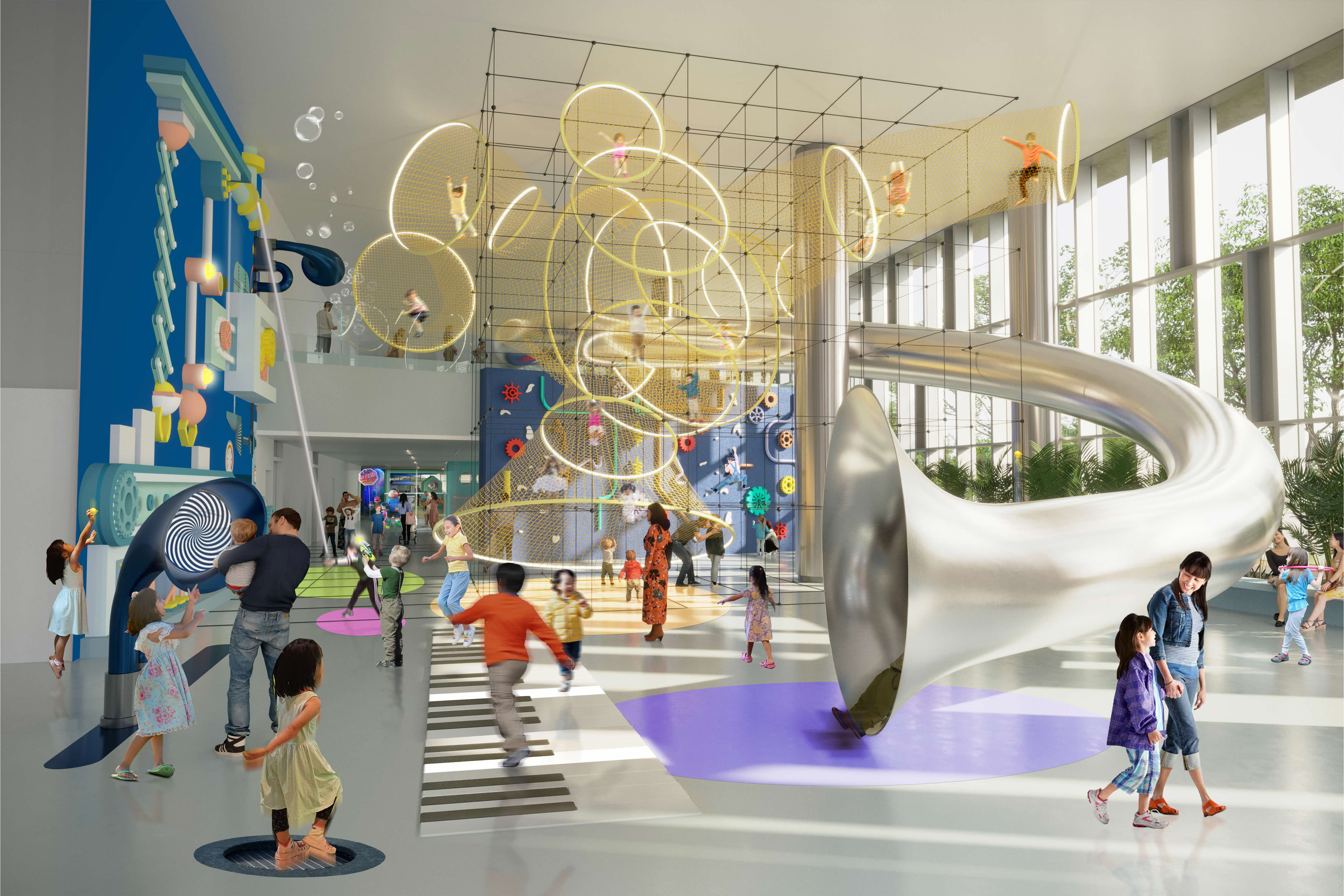 Artist’s impression of gallery exhibits showcasing core scientific concepts.